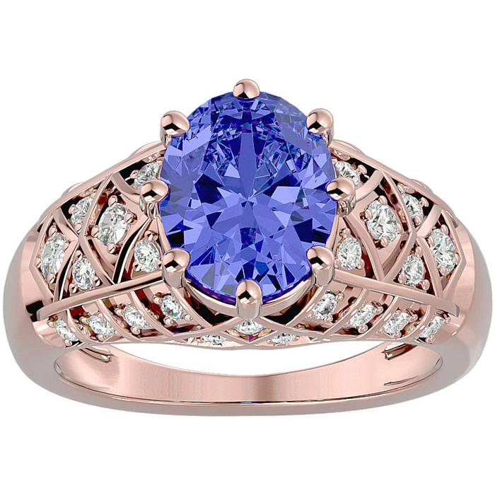 2 3/4 Carat Oval Shape Tanzanite & 38 Diamond Ring in Rose Gold (4.50 g), , Size 4 by SuperJeweler