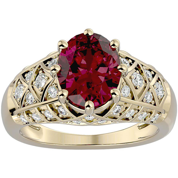 3 1/2 Carat Oval Shape Garnet & 38 Diamond Ring in Yellow Gold (4.50 g), , Size 4 by SuperJeweler