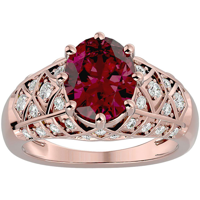 3 1/2 Carat Oval Shape Garnet & 38 Diamond Ring in Rose Gold (4.50 g), , Size 4 by SuperJeweler