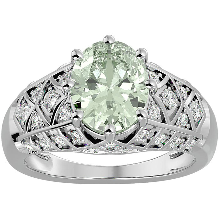 2 3/4 Carat Oval Shape Green Amethyst & 38 Diamond Ring in White Gold (4.50 g), , Size 4 by SuperJeweler