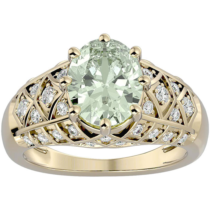 2 3/4 Carat Oval Shape Green Amethyst & 38 Diamond Ring in Yellow Gold (4.50 g), , Size 4 by SuperJeweler