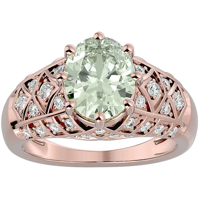 2 3/4 Carat Oval Shape Green Amethyst & 38 Diamond Ring in Rose Gold (4.50 g), , Size 4 by SuperJeweler