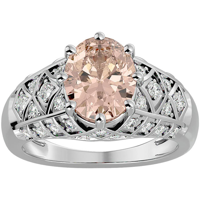 2.5 Carat Oval Shape Morganite & 38 Diamond Ring in White Gold (4.50 g), , Size 4 by SuperJeweler