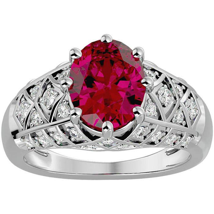 3 1/2 Carat Oval Shape Ruby & 38 Diamond Ring in White Gold (4.50 g), , Size 4 by SuperJeweler