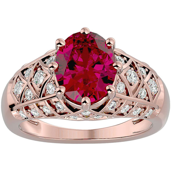 3 1/2 Carat Oval Shape Ruby & 38 Diamond Ring in Rose Gold (4.50 g), , Size 4 by SuperJeweler