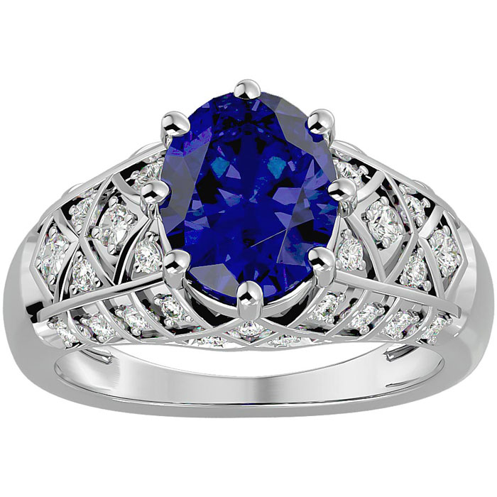 3 1/2 Carat Oval Shape Sapphire & 38 Diamond Ring in White Gold (4.50 g), , Size 4 by SuperJeweler