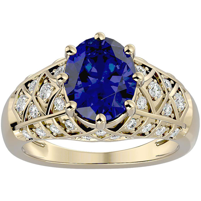 3 1/2 Carat Oval Shape Sapphire & 38 Diamond Ring in Yellow Gold (4.50 g), , Size 4 by SuperJeweler