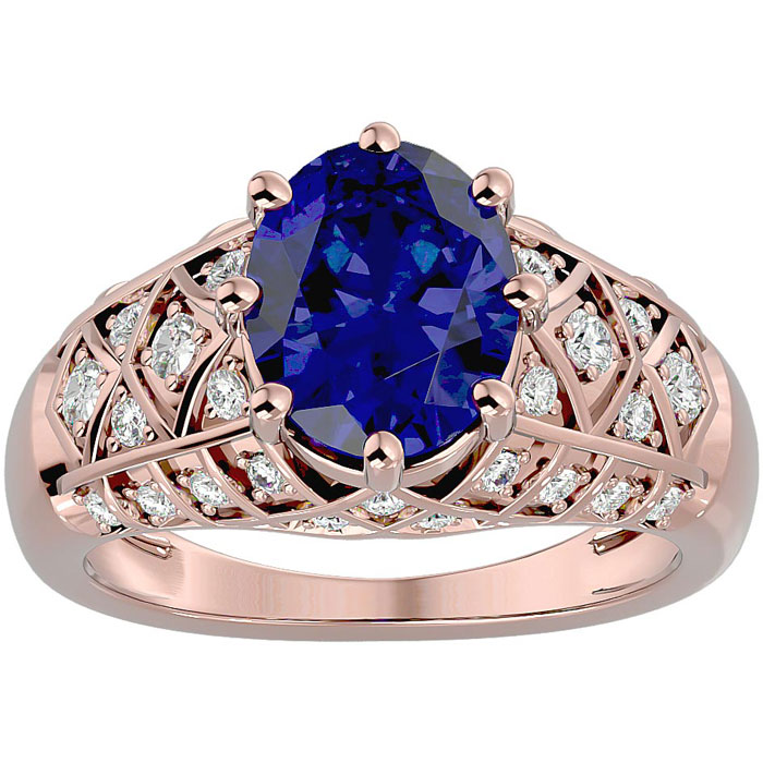 3 1/2 Carat Oval Shape Sapphire & 38 Diamond Ring in Rose Gold (4.50 g), , Size 4 by SuperJeweler