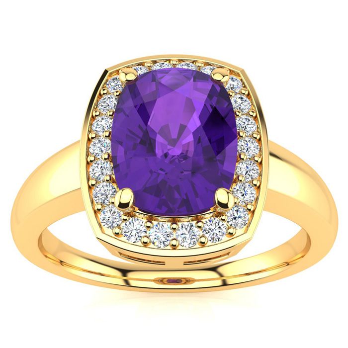 2 Carat Cushion Cut Amethyst & Halo 22 Diamond Ring in 14K Yellow Gold (3.90 g), , Size 4 by SuperJeweler