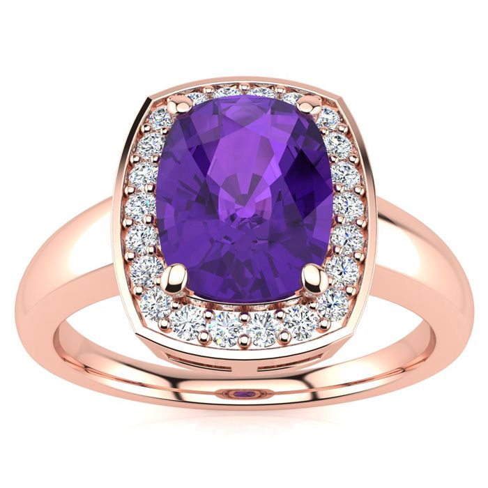 2 Carat Cushion Cut Amethyst & Halo 22 Diamond Ring in 14K Rose Gold (3.90 g), , Size 4 by SuperJeweler