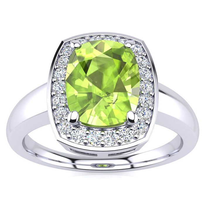 2 2/3 Carat Cushion Cut Peridot & Halo 22 Diamond Ring in 14K White Gold (3.90 g), , Size 4 by SuperJeweler