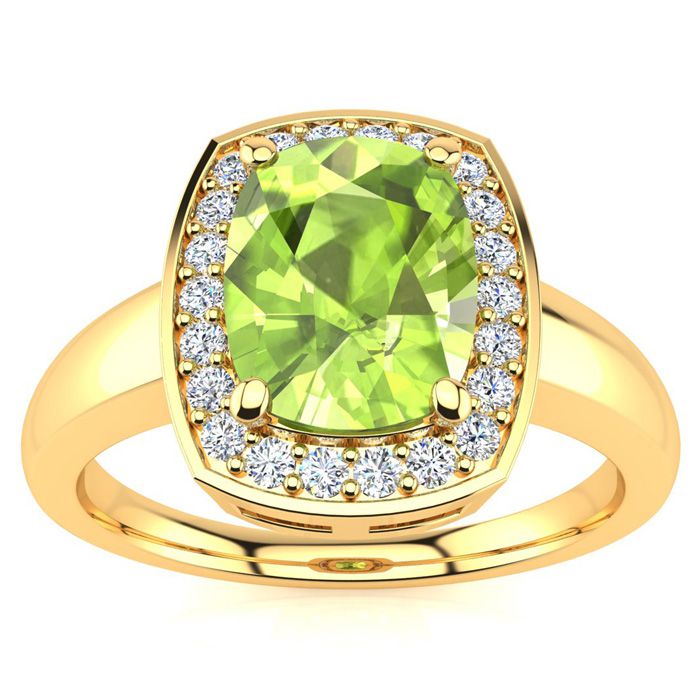 2 2/3 Carat Cushion Cut Peridot & Halo 22 Diamond Ring in 14K Yellow Gold (3.90 g), , Size 4 by SuperJeweler