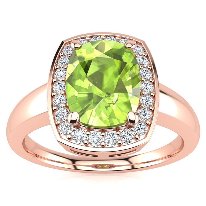 2 2/3 Carat Cushion Cut Peridot & Halo 22 Diamond Ring in 14K Rose Gold (3.90 g), , Size 4 by SuperJeweler