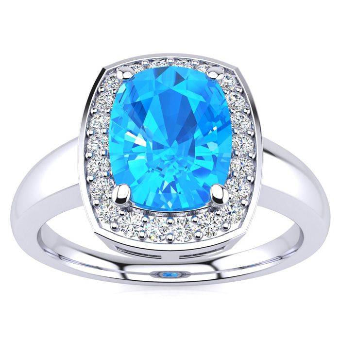 3 Carat Cushion Cut Blue Topaz & Halo 22 Diamond Ring in 14K White Gold (3.90 g), , Size 4 by SuperJeweler