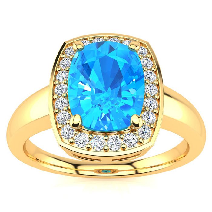 3 Carat Cushion Cut Blue Topaz & Halo 22 Diamond Ring in 14K Yellow Gold (3.90 g), , Size 4 by SuperJeweler