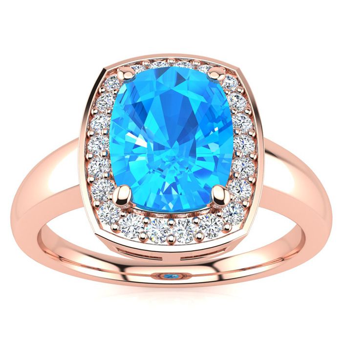 3 Carat Cushion Cut Blue Topaz & Halo 22 Diamond Ring in 14K Rose Gold (3.90 g), , Size 4 by SuperJeweler