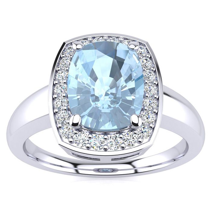 2 1/3 Carat Cushion Cut Aquamarine & Halo 22 Diamond Ring in 14K White Gold (3.90 g), , Size 4 by SuperJeweler