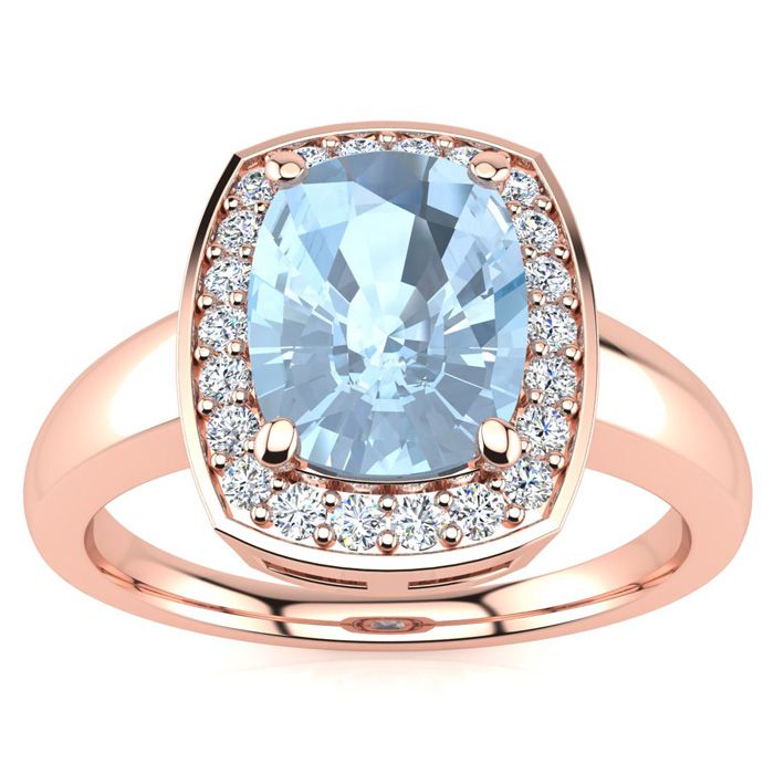 2 1/3 Carat Cushion Cut Aquamarine & Halo 22 Diamond Ring in 14K Rose Gold (3.90 g), , Size 4 by SuperJeweler