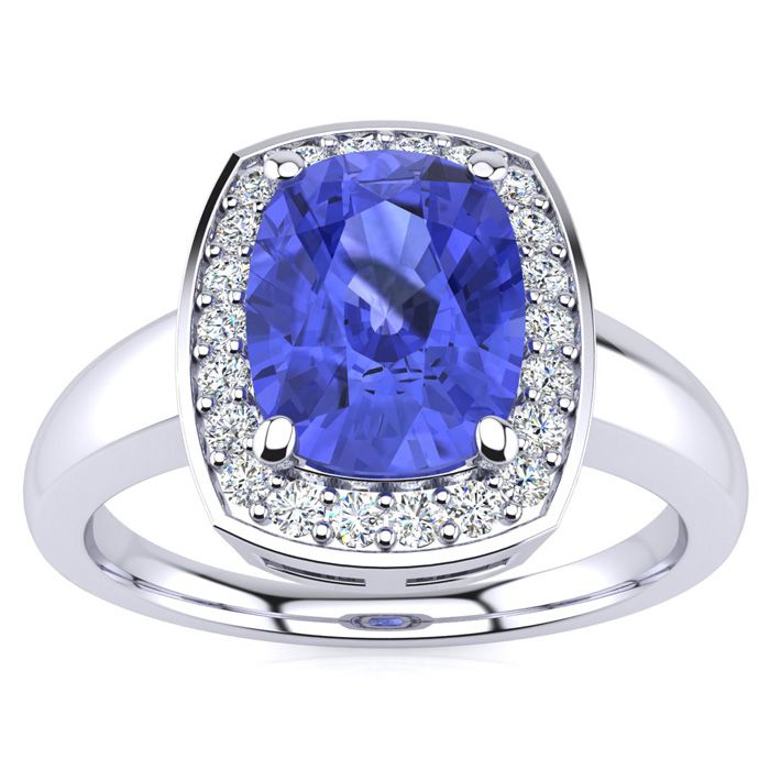 2.5 Carat Cushion Cut Tanzanite & Halo 22 Diamond Ring in 14K White Gold (3.90 g), , Size 4 by SuperJeweler