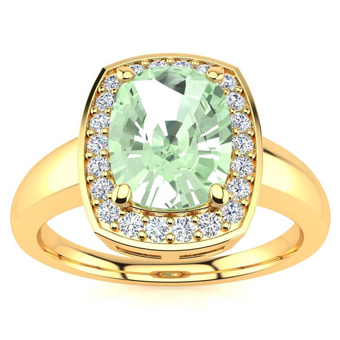 2 Carat Cushion Cut Green Amethyst & Halo 22 Diamond Ring in 14K Yellow Gold (3.90 g), , Size 4 by SuperJeweler