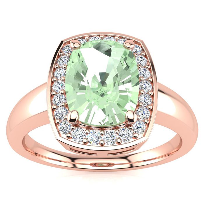 2 Carat Cushion Cut Green Amethyst & Halo 22 Diamond Ring in 14K Rose Gold (3.90 g), , Size 4 by SuperJeweler