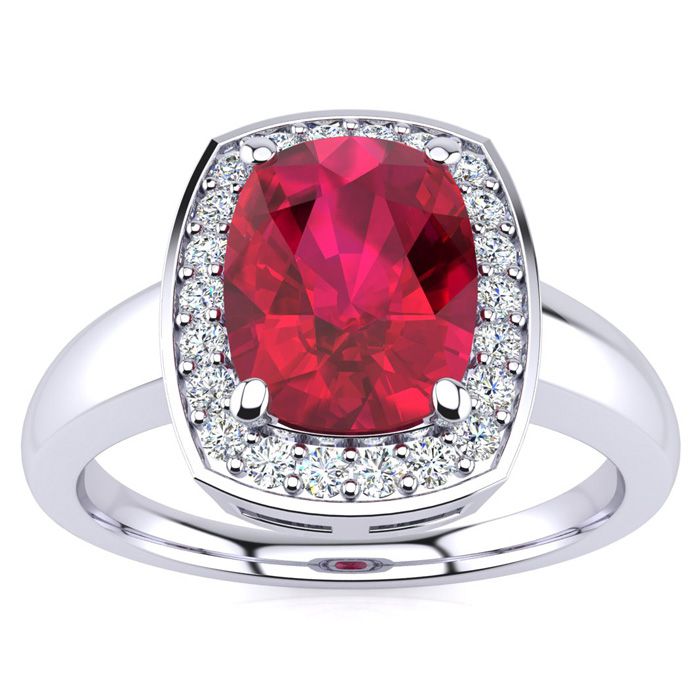 3 Carat Cushion Cut Ruby & Halo 22 Diamond Ring in 14K White Gold (3.90 g), , Size 4 by SuperJeweler