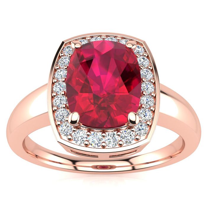 3 Carat Cushion Cut Ruby & Halo 22 Diamond Ring in 14K Rose Gold (3.90 g), , Size 4 by SuperJeweler