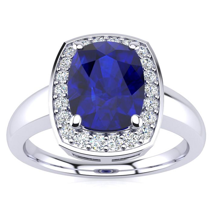 3 Carat Cushion Cut Sapphire & Halo 22 Diamond Ring in 14K White Gold (3.90 g), , Size 4 by SuperJeweler