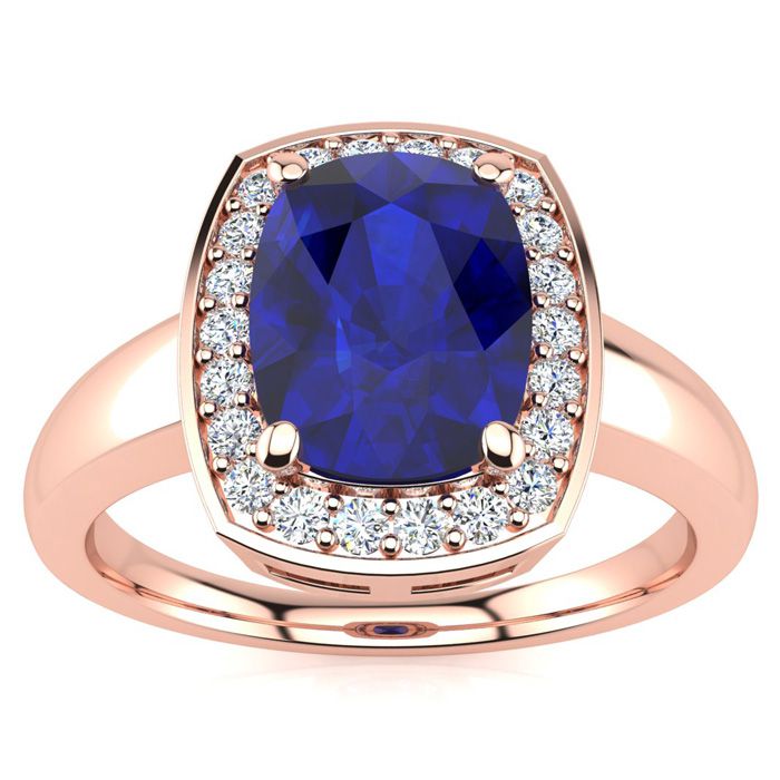 3 Carat Cushion Cut Sapphire & Halo 22 Diamond Ring in 14K Rose Gold (3.90 g), , Size 4 by SuperJeweler