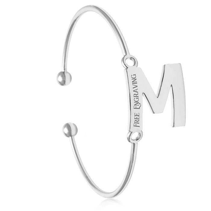 "M" Initial Bangle Bracelet in Silver Tone, 7 Inch by SuperJeweler