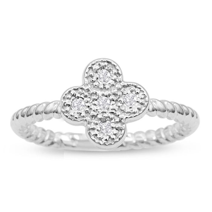 Flower Shaped Diamond Promise Ring w/ Rope Wedding Band in White Gold (1.70 g), , Size 4 by SuperJeweler