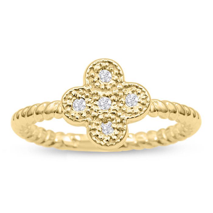 Flower Shaped Diamond Promise Ring w/ Rope Wedding Band in Yellow Gold (1.70 g), , Size 4 by SuperJeweler