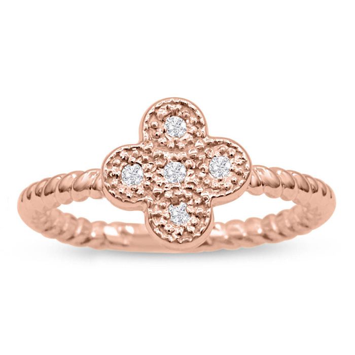 Flower Shaped Diamond Promise Ring w/ Rope Wedding Band in Rose Gold (1.70 g), , Size 4 by SuperJeweler