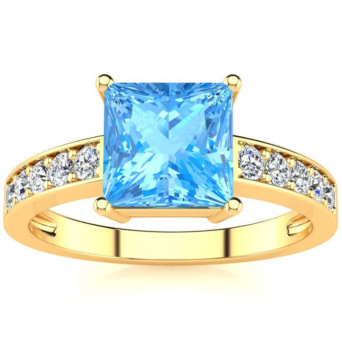 Square Step Cut 1 7/8 Carat Blue Topaz & 10 Diamond Ring in 14K Yellow Gold (3.40 g), , Size 4 by SuperJeweler