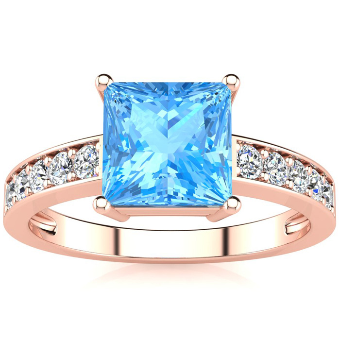 Square Step Cut 1 7/8 Carat Blue Topaz & 10 Diamond Ring in 14K Rose Gold (3.40 g), , Size 4 by SuperJeweler