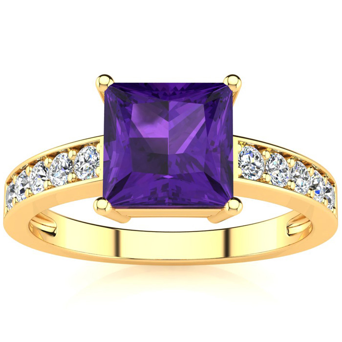 Square Step Cut 1 2/3 Carat Amethyst & 10 Diamond Ring in 14K Yellow Gold (3.40 g), , Size 4 by SuperJeweler