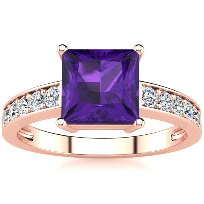 Square Step Cut 1 2/3 Carat Amethyst & 10 Diamond Ring in 14K Rose Gold (3.40 g), , Size 4 by SuperJeweler