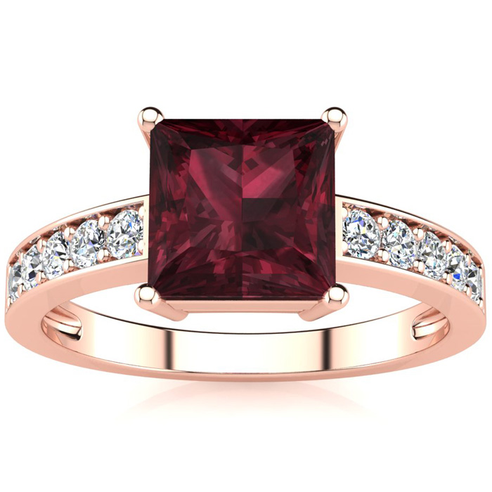 Square Step Cut 1 2/3 Carat Garnet & 10 Diamond Ring in 14K Rose Gold (3.40 g), , Size 4 by SuperJeweler