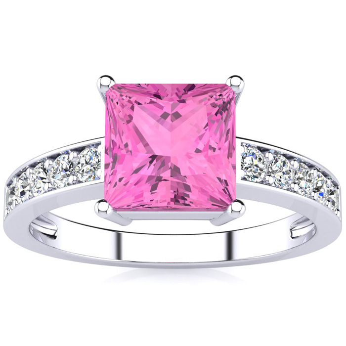 Square Step Cut 1 7/8 Carat Pink Topaz & 10 Diamond Ring in 14K White Gold (3.40 g), , Size 4 by SuperJeweler