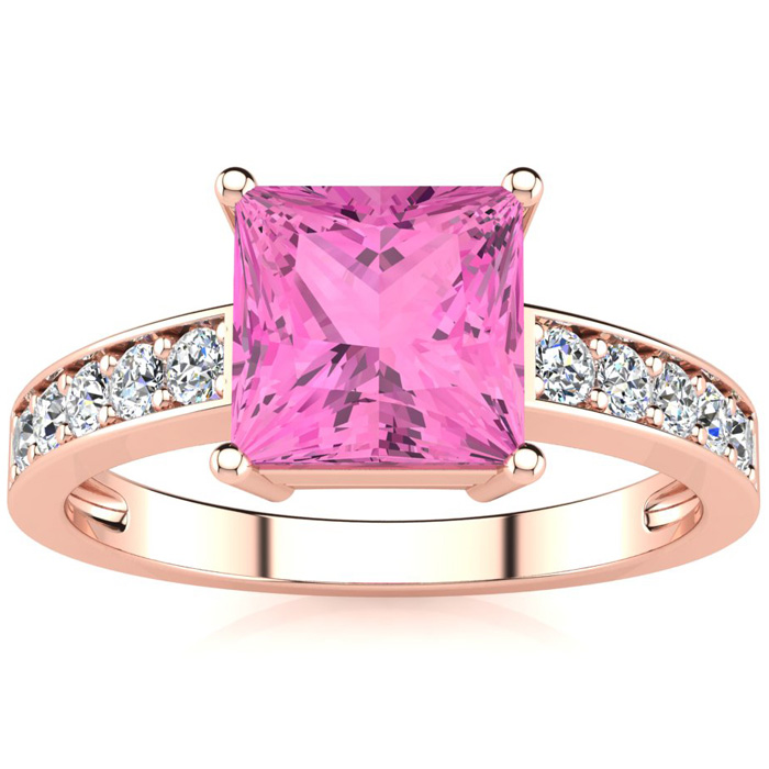 Square Step Cut 1 7/8 Carat Pink Topaz & 10 Diamond Ring in 14K Rose Gold (3.40 g), , Size 4 by SuperJeweler