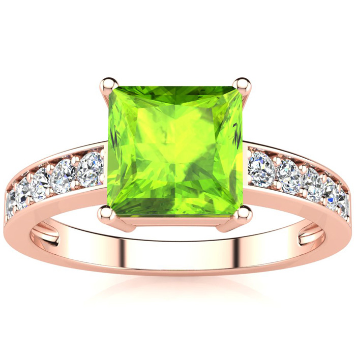 Square Step Cut 1.5 Carat Peridot & 10 Diamond Ring in 14K Rose Gold (3.40 g), , Size 4 by SuperJeweler