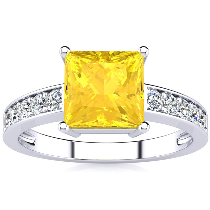 Square Step Cut 1.5 Carat Citrine & 10 Diamond Ring in 14K White Gold (3.40 g), , Size 4 by SuperJeweler