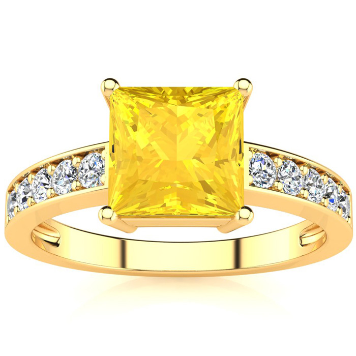 Square Step Cut 1.5 Carat Citrine & 10 Diamond Ring in 14K Yellow Gold (3.40 g), , Size 4 by SuperJeweler