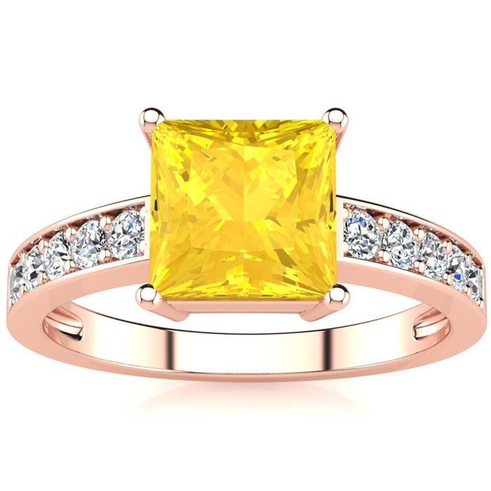 Square Step Cut 1.5 Carat Citrine & 10 Diamond Ring in 14K Rose Gold (3.40 g), , Size 4 by SuperJeweler