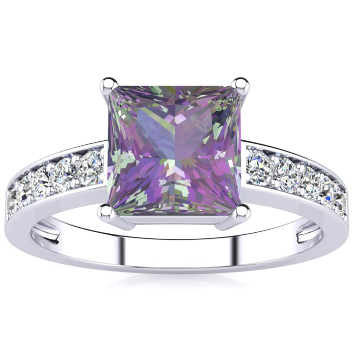 Square Step Cut 1 7/8 Carat Mystic Topaz & 10 Diamond Ring in 14K White Gold (3.40 g), , Size 4 by SuperJeweler