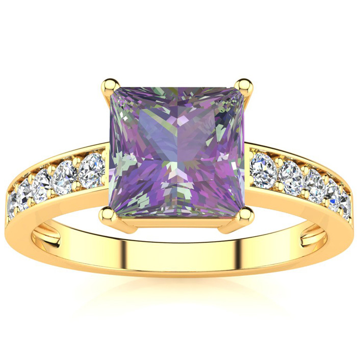 Square Step Cut 1 7/8 Carat Mystic Topaz & 10 Diamond Ring in 14K Yellow Gold (3.40 g), , Size 4 by SuperJeweler