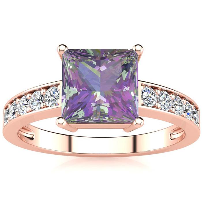 Square Step Cut 1 7/8 Carat Mystic Topaz & 10 Diamond Ring in 14K Rose Gold (3.40 g), , Size 4 by SuperJeweler