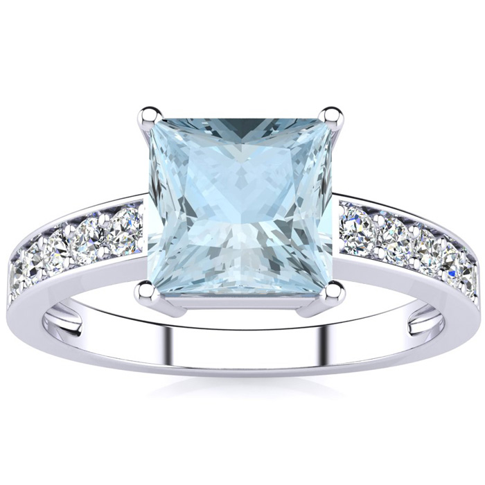 Square Step Cut 1 3/4 Carat Aquamarine & 10 Diamond Ring in 14K White Gold (3.40 g), , Size 4 by SuperJeweler