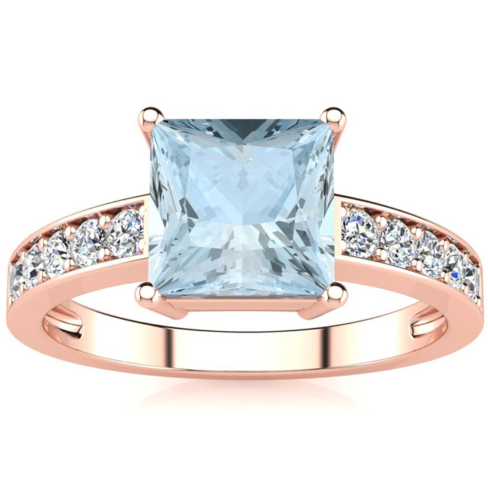 Square Step Cut 1 3/4 Carat Aquamarine & 10 Diamond Ring in 14K Rose Gold (3.40 g), , Size 4 by SuperJeweler