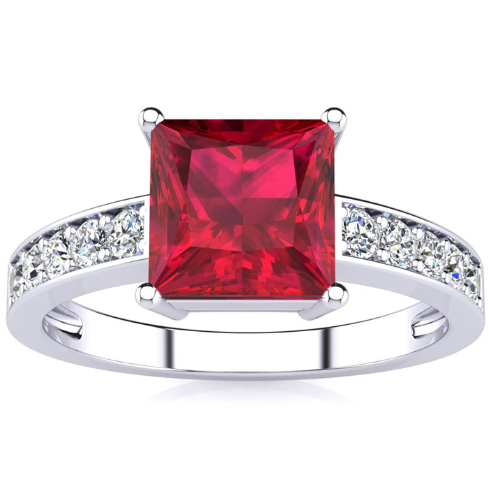 Square Step Cut 1 7/8 Carat Ruby & 10 Diamond Ring in 14K White Gold (3.40 g), , Size 4 by SuperJeweler